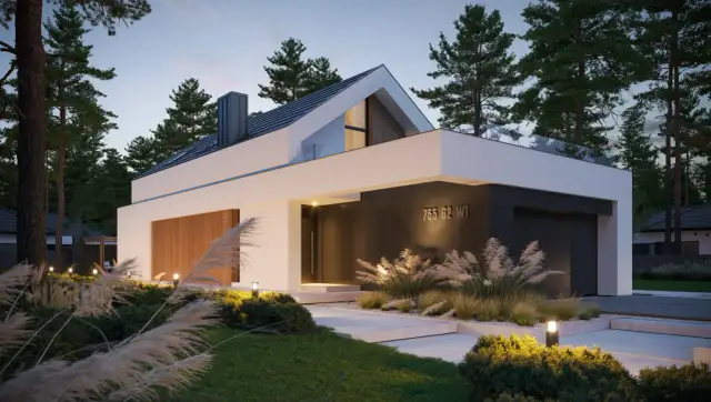 Nowoczesny, mały dom piętrowy z drewnianymi elementami i szklanymi balustradami, otoczony zielenią i oświetlony lampami.