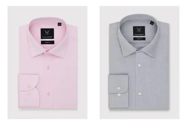 Dwie koszule męskie, różowa i szara, z widocznymi metkami "SLIM FIT".