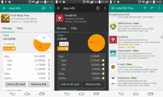 Ekran pokazuje, jak przenieść aplikacje na kartę pamięci, z opcjami "Link to SD card" dla Fruit Ninja Free i DroidFish.