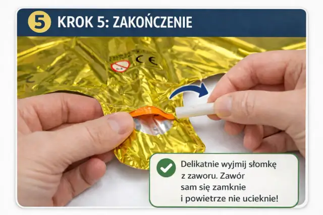 Ostatni krok, jak nadmuchać balon: wyjmij słomkę z zaworu. Sam się zamknie, by powietrze nie uciekło.
