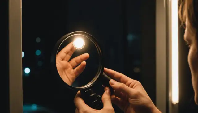 Dłoń z lupą bada odbicie światła w ciemnym pomieszczeniu.