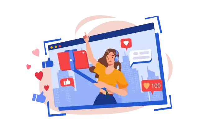 Dziewczyna z selfie stickiem nagrywa filmik, pokazując jak napisać bloga po ang. Wokół pojawiają się serduszka i polubienia.