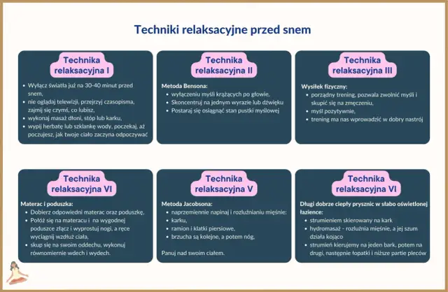 Techniki relaksacyjne przed snem: wyłącz światła, skup się na oddechu, stosuj metodę Jacobsona, by jak się zrelaksować psychicznie.
