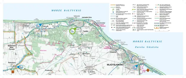 Mapa turystyczna z zaznaczoną trasą rowerową Jastrzębia Góra Dębki, prowadzącą przez Karwię, Ostrowo i Władysławowo, wzdłuż Morza Bałtyckiego.