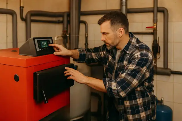 Mężczyzna sprawdza ustawienia pieca na ekogroszek, zastanawiając się, co ile przedmuch jest optymalny dla efektywnego ogrzewania.