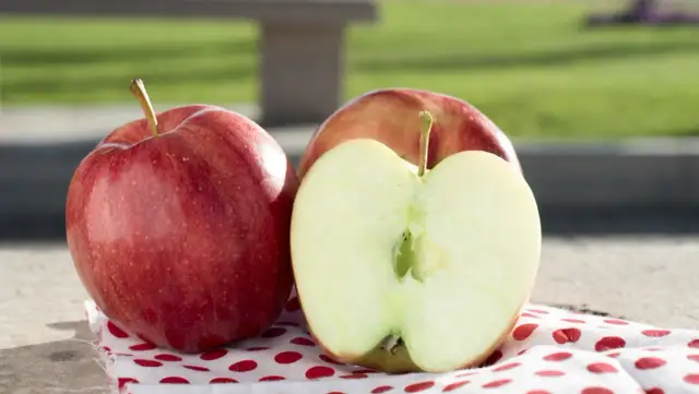 Dwa czerwone jabłka, jedno przekrojone na pół, leżą na materiale w czerwone kropki. Czy jabłko to cytrus? Nie, to nie jest cytrus.