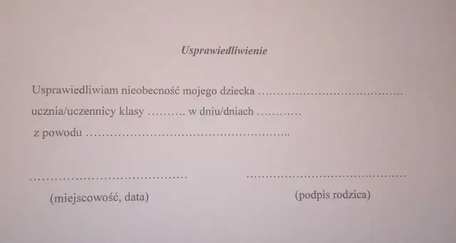 Szablon usprawiedliwienia nieobecności ucznia z powodu choroby. Wypełnij dane dziecka, daty i powód.