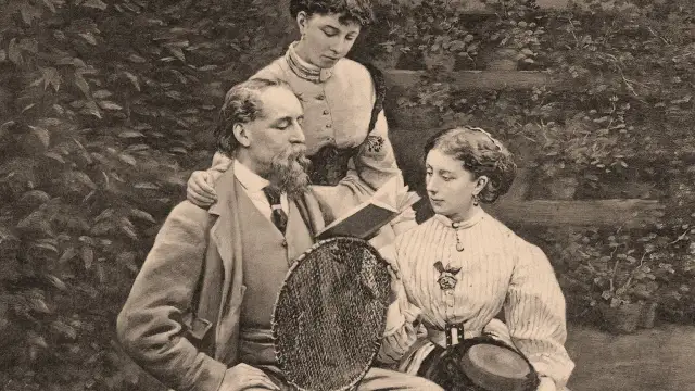Charles Dickens z córkami w ogrodzie. Widać tu jego zamiłowanie do literatury i rodzinnych chwil, które inspirowały jego dzieła, w tym opowieści o dzieciach.
