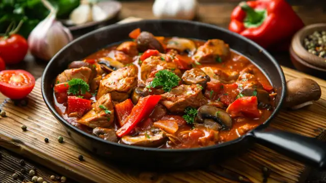 Gulasz węgierski z indyka z pieczarkami i papryką - przepis