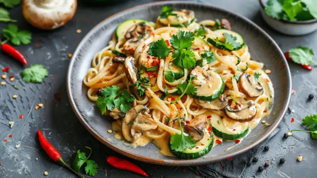 Boczniaki po tajsku - Przepis na makaron z boczniakami i cukinią