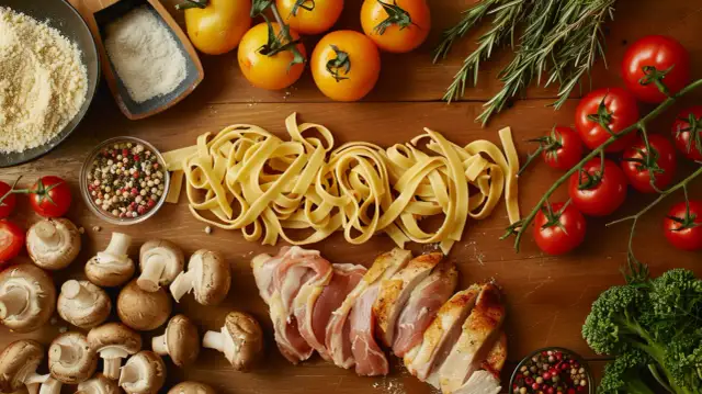 Tagliatelle z kurczakiem, kurkami i warzywami - przepis na obiad