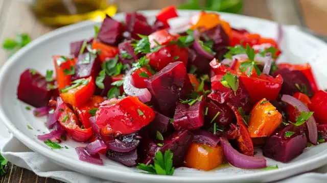 Kolorowo i smacznie: sałatka z buraków, papryki i cebuli - przepis
