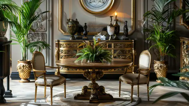 Stół do salonu okrągły: Jakie włoskie komody i złote donice wybrać?