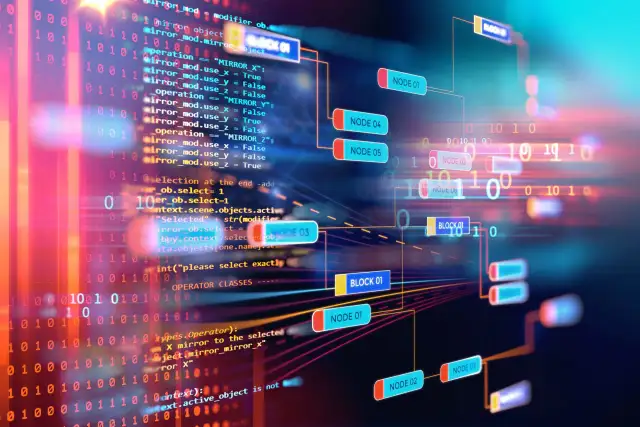 Cyfrowy kod binarny i schemat blokowy z węzłami i blokami, symbolizujące język komputerów.