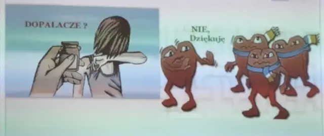 Ilustracja: ręka podaje buteleczkę z napisem "Dopalacze?", młoda osoba odwraca się, a obok serca w szalikach odmawiają.