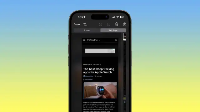 Jak zrobic zrzut ekranu w iPhone? Widok ekranu z opcją "Full Page" do zapisania całej strony.