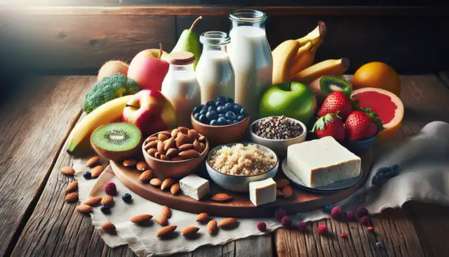 Zdrowe produkty: mleko, owoce, orzechy, nasiona i ser. Idealne składniki na dieta na laktację.