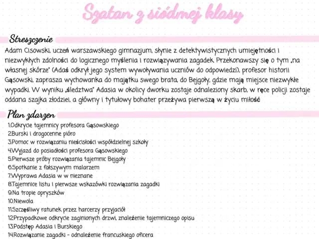 Adam Cisowski, młody detektyw, rozwiązuje zagadki w majątku Bejgoła. Odkrywa skarb i przeżywa pierwszą miłość.