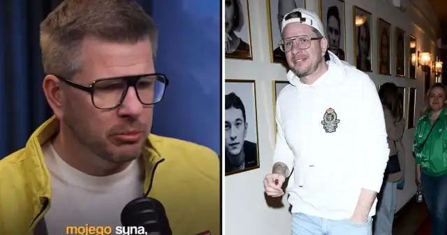Chajzer w żółtej kurtce i w białej bluzie z czapką. Czy Chajzer ma dzieci? Na zdjęciu widać też portrety.