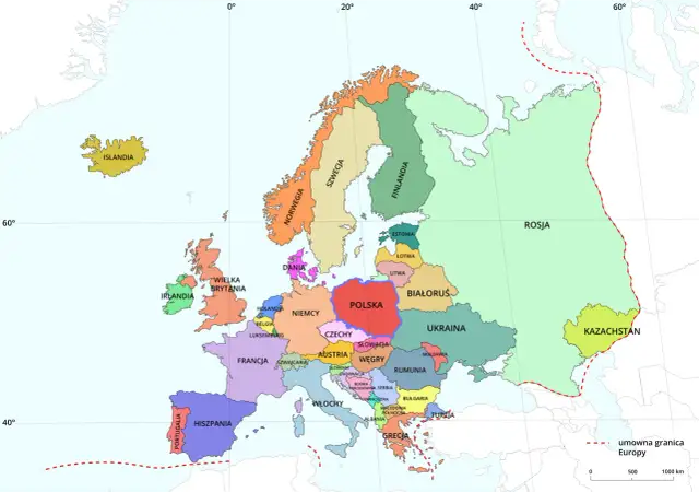 Mapa Europy. Polska w centrum, otoczona przez Niemcy, Czechy, Słowację, Ukrainę, Białoruś i Litwę. Belgia leży na zachód od Niemiec, blisko Francji i Holandii.