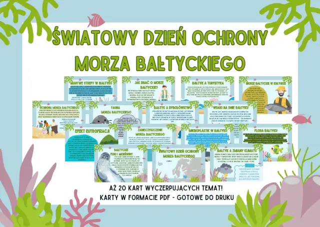 Światowy dzień ochrony Bałtyku. Infografika przedstawia problemy i piękno Bałtyku, od martwych stref po turystykę i kulturę.