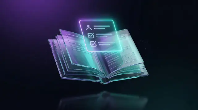 Szklana księga z neonowym zarysem listy zadań, przypominająca, co powinno zawierać CV.