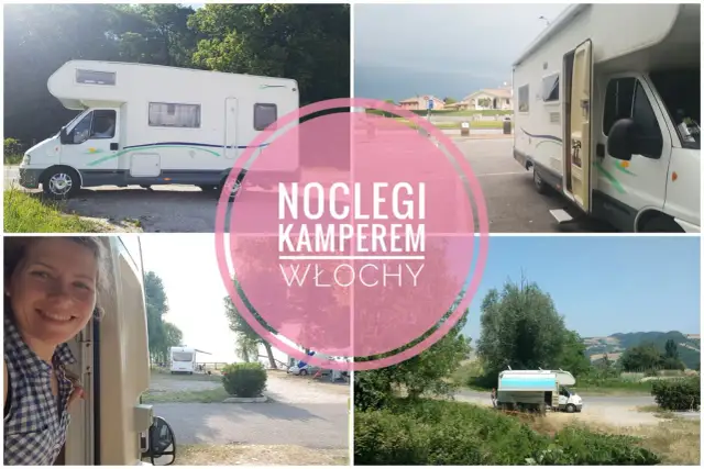 Uśmiechnięta kobieta wychyla się z kampera. Widok na różne miejsca postojowe dla kamperów we Włoszech.