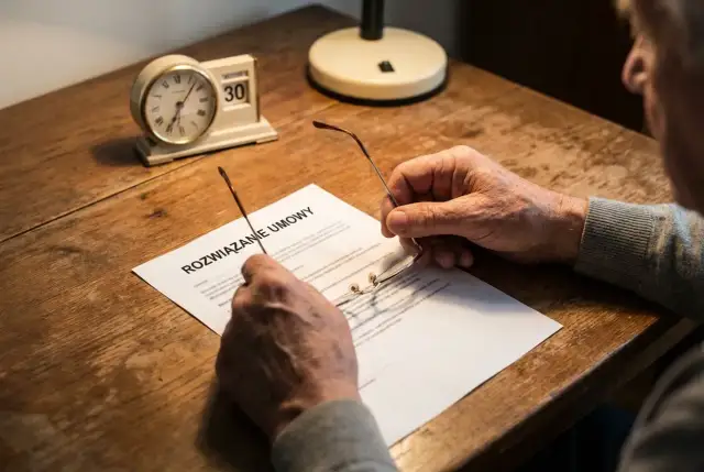 Starszy mężczyzna czyta dokument "Rozwiązanie umowy". Czy po osiągnięciu wieku emerytalnego można zwolnić pracownika? Zegar wskazuje 30. dzień miesiąca.