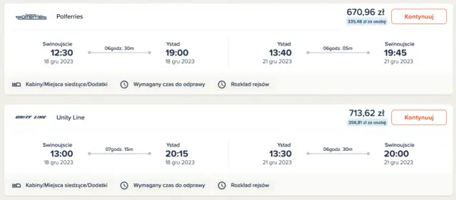 Rezerwacja promu Świnoujście Ystad. Dostępne połączenia Polferries i Unity Line z różnymi godzinami wypłynięcia i przybycia.