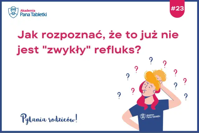 Zastanawiasz się, czy to refluks u niemowlaka? Ilustracja pokazuje rodzica z dzieckiem na ramionach, otoczonego znakami zapytania, sugerującymi wątpliwości.