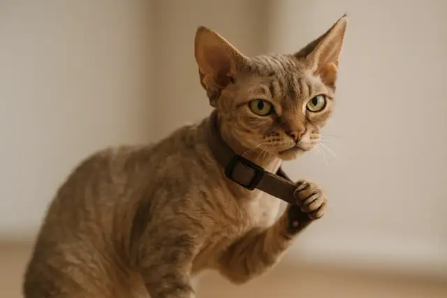 Rudy kot rasy Devon Rex z zielonymi oczami, w brązowej obroży, trzyma łapką jej fragment.