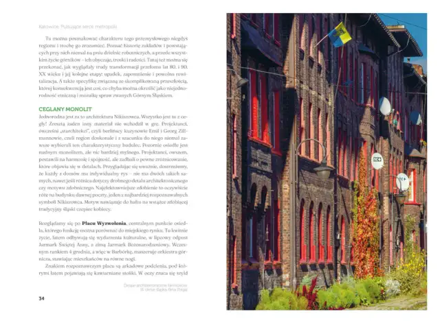 Ceglana zabudowa Nikiszowca, przykład architektury z książek o Śląsku. Czerwone okna i detale architektoniczne.