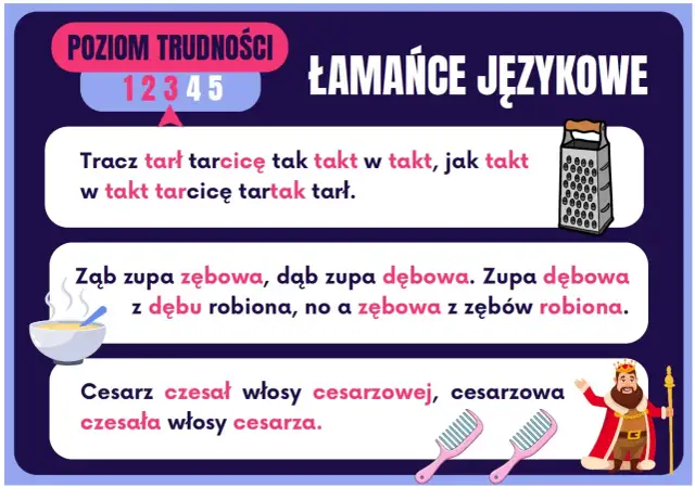 Krótkie łamańce językowe dla dzieci: Tracz tarł tarcicę, zupa z dębu i cesarz czesał włosy. Zabawa z językiem!