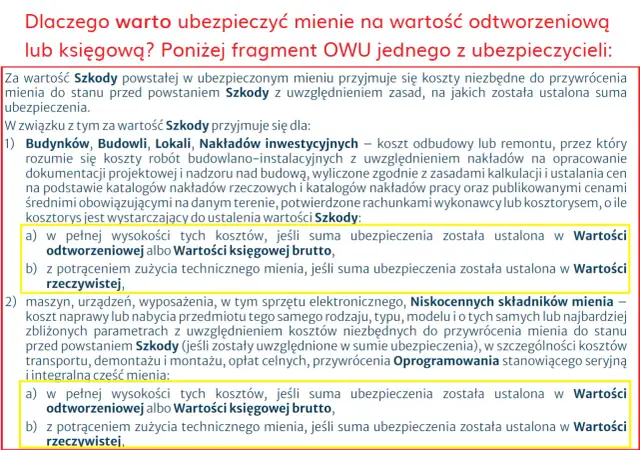 Fragment OWU wyjaśnia, jak ustalana jest wartość szkody w ubezpieczeniu lokalu użytkowego, uwzględniając koszty odbudowy lub remontu.