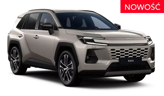 Nowy Toyota RAV4 w kolorze beżowym, z napisem "NOWOŚĆ" na czerwonym tle.