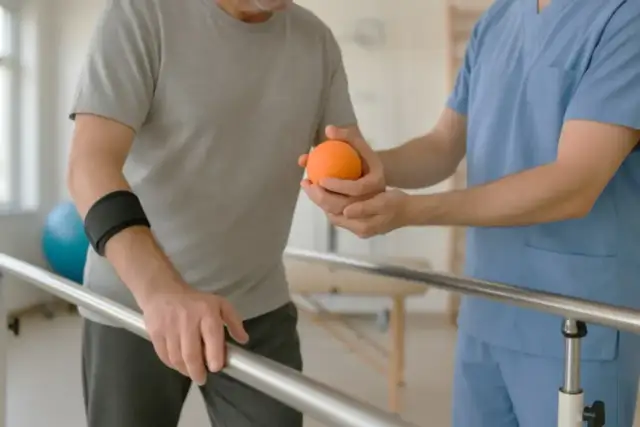 Pacjent z fizjoterapeutą ćwiczy chwyt pomarańczową piłeczką przy poręczy.