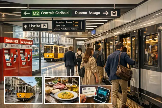 Wsiadanie do metra w Mediolanie, obok żółtego tramwaju. W rogu zdjęcie biletu i pysznego risotto.