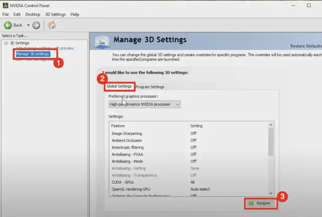 Panel sterowania NVIDIA, zakładka "Zarządzaj ustawieniami 3D". Kliknij przycisk "Przywróć" (Restore) aby dokonać resetu sterownika graficznego.