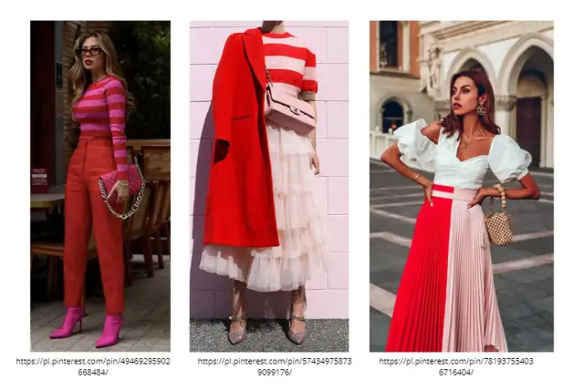 Stylizacje z różem i czerwienią. Ciemny róż świetnie komponuje się z intensywną czerwienią, tworząc odważne i modne zestawy.