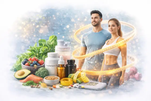 Para z miarką, zdrowa żywność, suplementy i waga łazienkowa.
