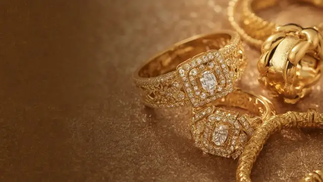 Złota biżuteria z brylantami: dwa pierścionki i bransoleta na złotym tle.
