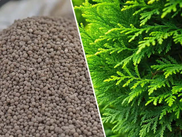 Zbliżenie na nawóz granulowany i zielone igły żywotnika szmaragdowego.