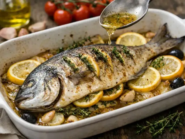 Dorade entière grillée au four avec citrons, olives, ail et thym, arrosée d'une sauce.