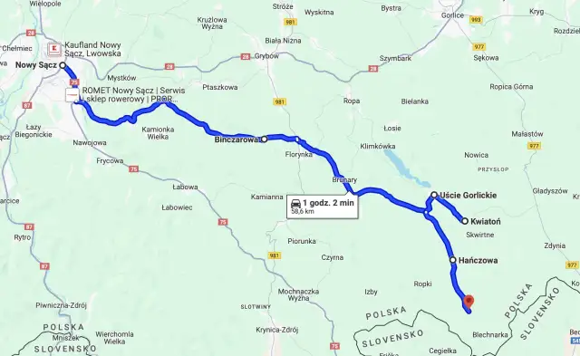 Mapa drogowa Podkarpacia z zaznaczoną trasą motocyklową od Nowego Sącza do okolic Hańczowej.
