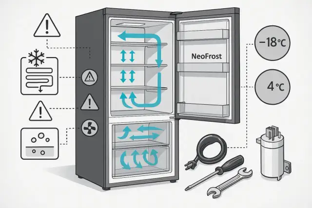 Ilustracja lodówki Beko z obiegiem powietrza, symbolami ostrzegawczymi i narzędziami.
