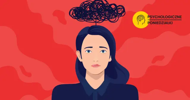 Ilustracja kobiety z kłębkiem czarnych myśli nad głową na czerwonym tle.