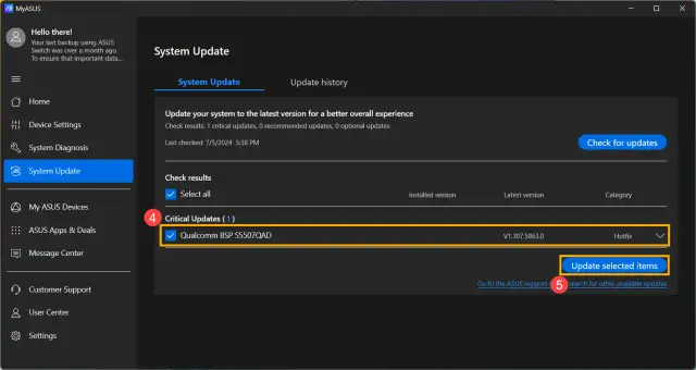 Aplikacja MyASUS pokazuje, jak zaktualizować BIOS ASUS. Widoczna jest krytyczna aktualizacja dla Qualcomm BSP S5507QAD.