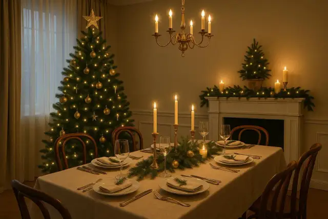 Stół wigilijny, choinka, świece i kominek tworzą ciepłą atmosferę. W tle widać holenderskie życzenia świąteczne.