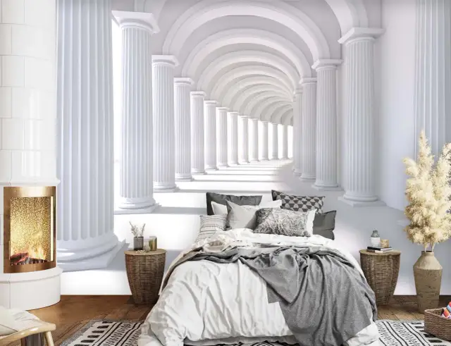 Sypialnia z fotorealistyczną tapetą przedstawiającą antyczny korytarz z kolumnami.