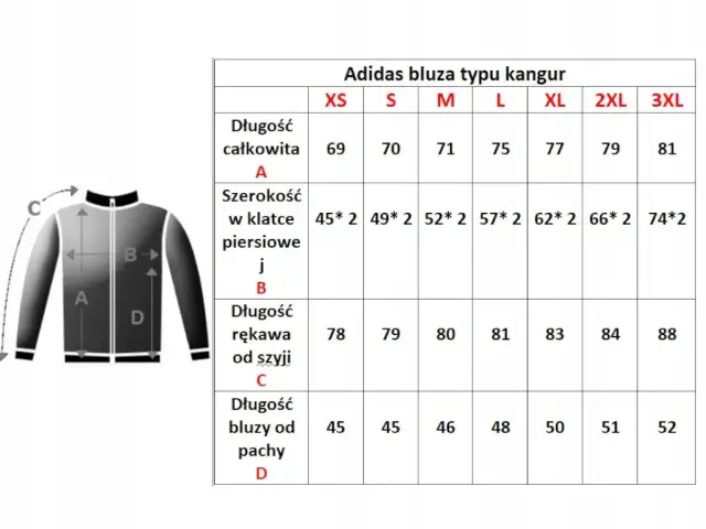 Tabela rozmiarów bluz Adidas z zaznaczonymi wymiarami A, B, C, D.